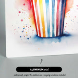 The image is an aluminum print featuring a colorful striped cup with watercolor splashes.