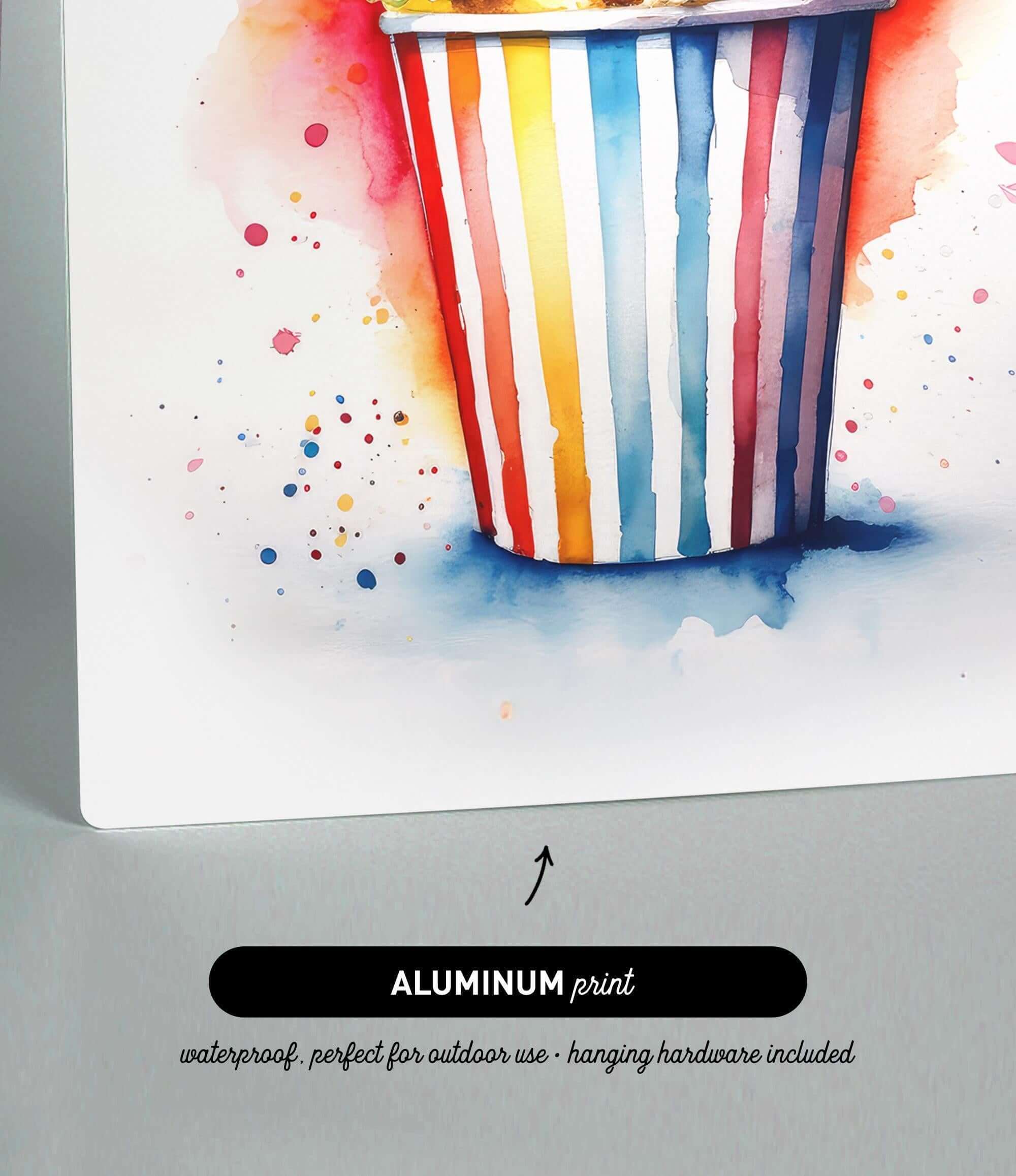 The image is an aluminum print featuring a colorful striped cup with watercolor splashes.