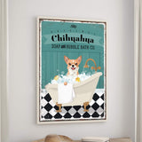 A framed poster of a Chihuahua dog sitting in a bathtub, surrounded by bubbles, with a towel and a book on a table below it.