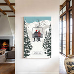 a cozy indoor setting with a fireplace, a large vase, and a poster of a ski lift with two people on it.