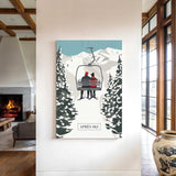 a cozy indoor setting with a fireplace, a large vase, and a poster of a ski lift with two people on it.