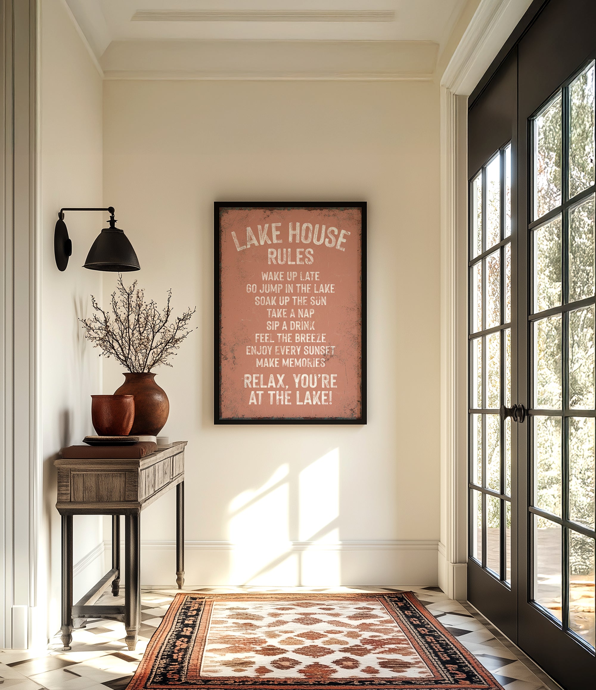 a hallway with a framed sign that reads "LAKESHORE RULES" hanging on the wall. The hallway has a wooden table with a vase of flowers, a rug, and a large window with a view of trees outside.