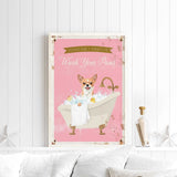 A framed poster with a cartoon image of a dog sitting in a bathtub, surrounded by bubbles, and a sign that says "Please don't forget to wash your paws".