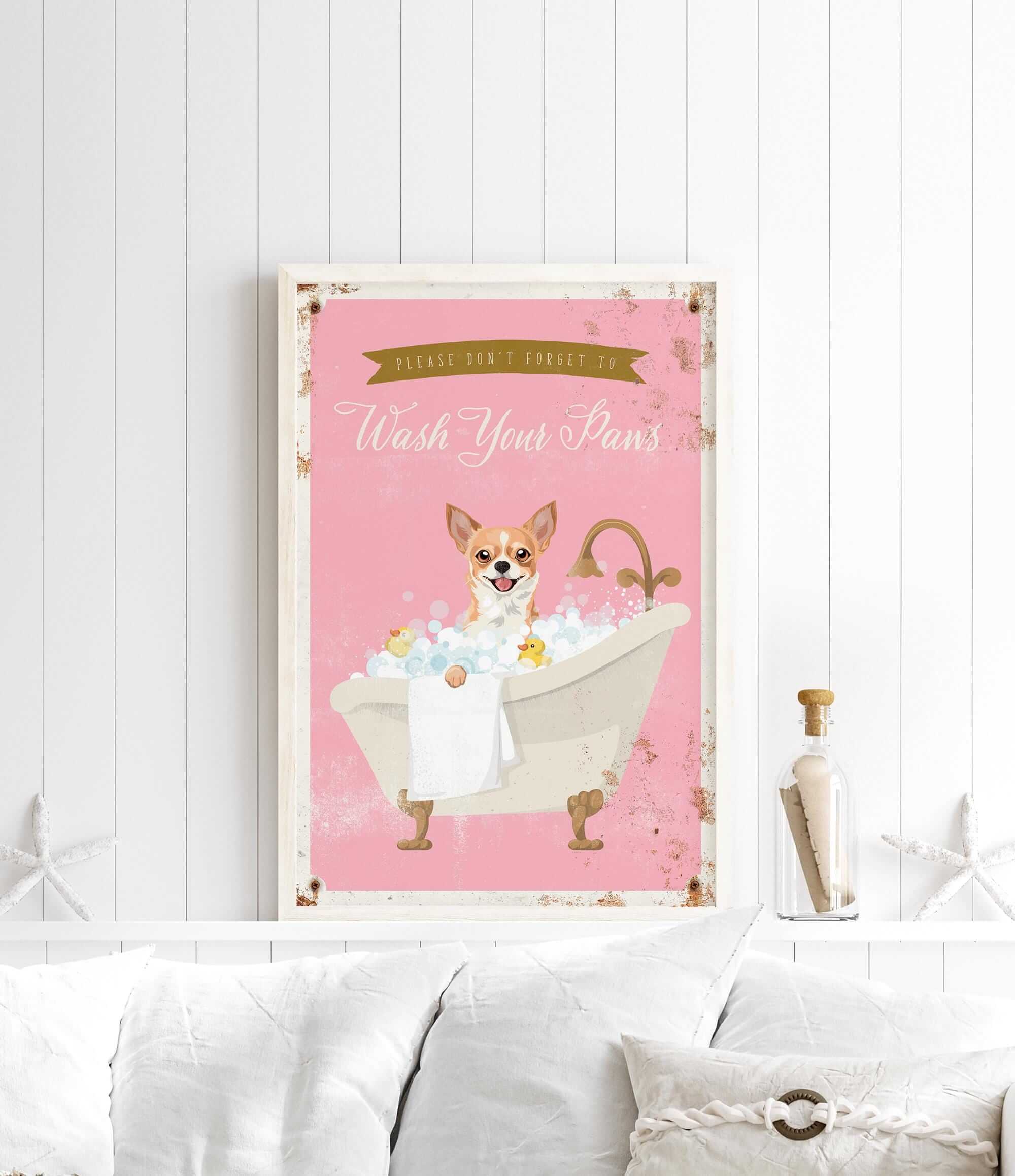 A framed poster with a cartoon image of a dog sitting in a bathtub, surrounded by bubbles, and a sign that says "Please don't forget to wash your paws".
