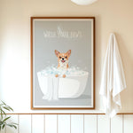 A framed poster with a cartoon image of a dog sitting in a bathtub, surrounded by bubbles, and the text "WASH YOUR PAWS" is displayed on a wall in a bathroom.