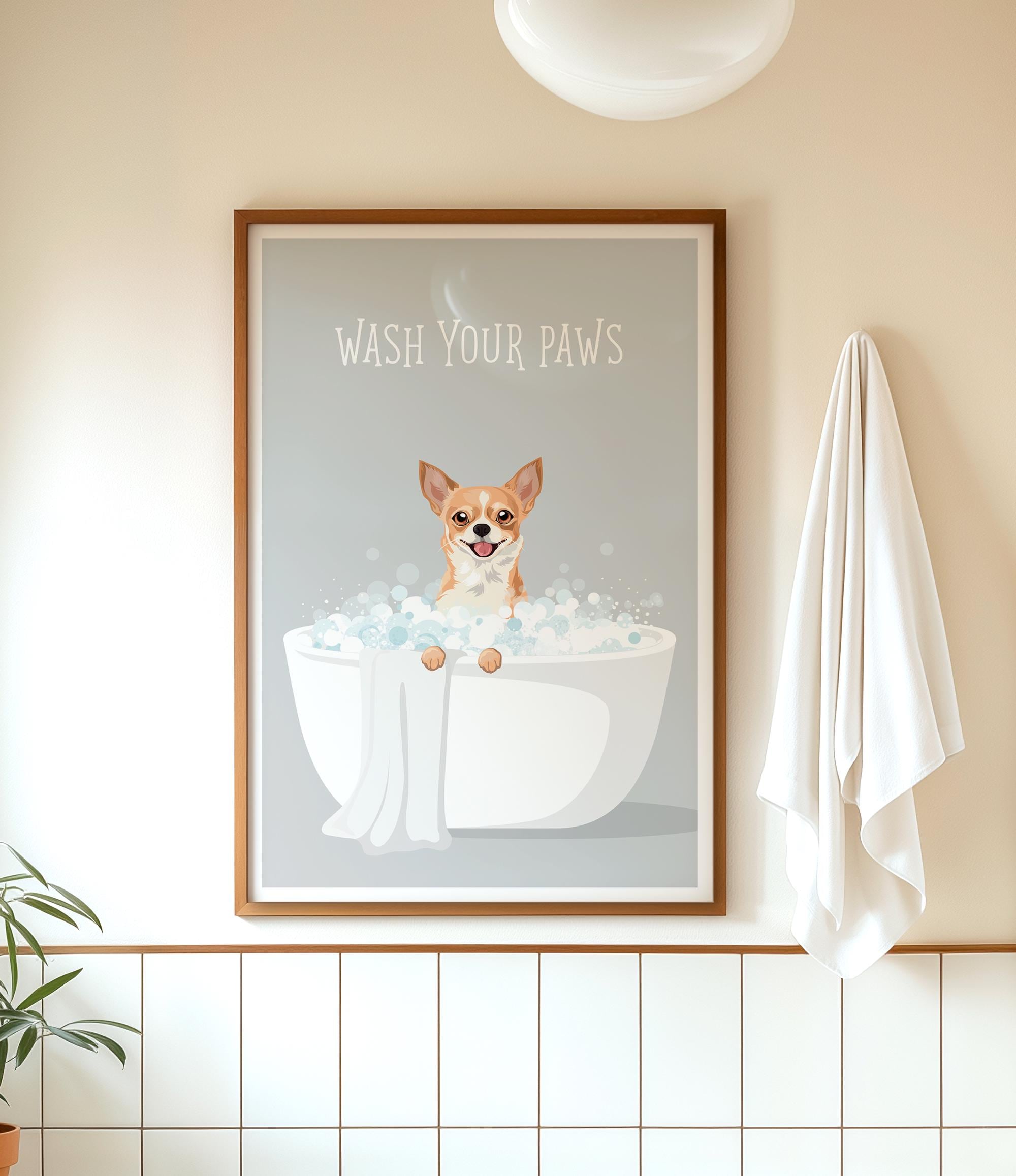 A framed poster with a cartoon image of a dog sitting in a bathtub, surrounded by bubbles, and the text "WASH YOUR PAWS" is displayed on a wall in a bathroom.