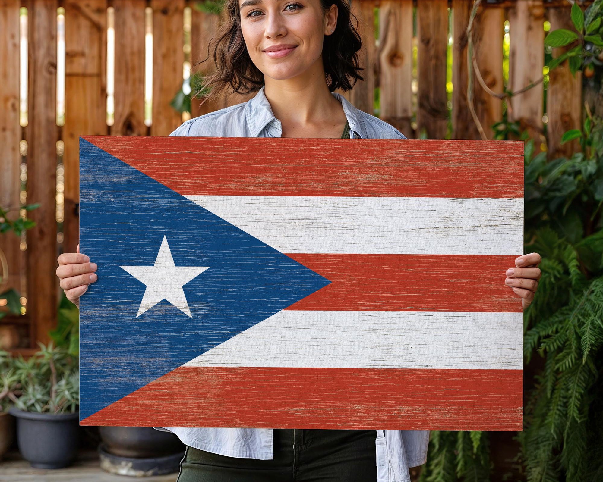 a woman holding a wooden sign with the flag of puerto