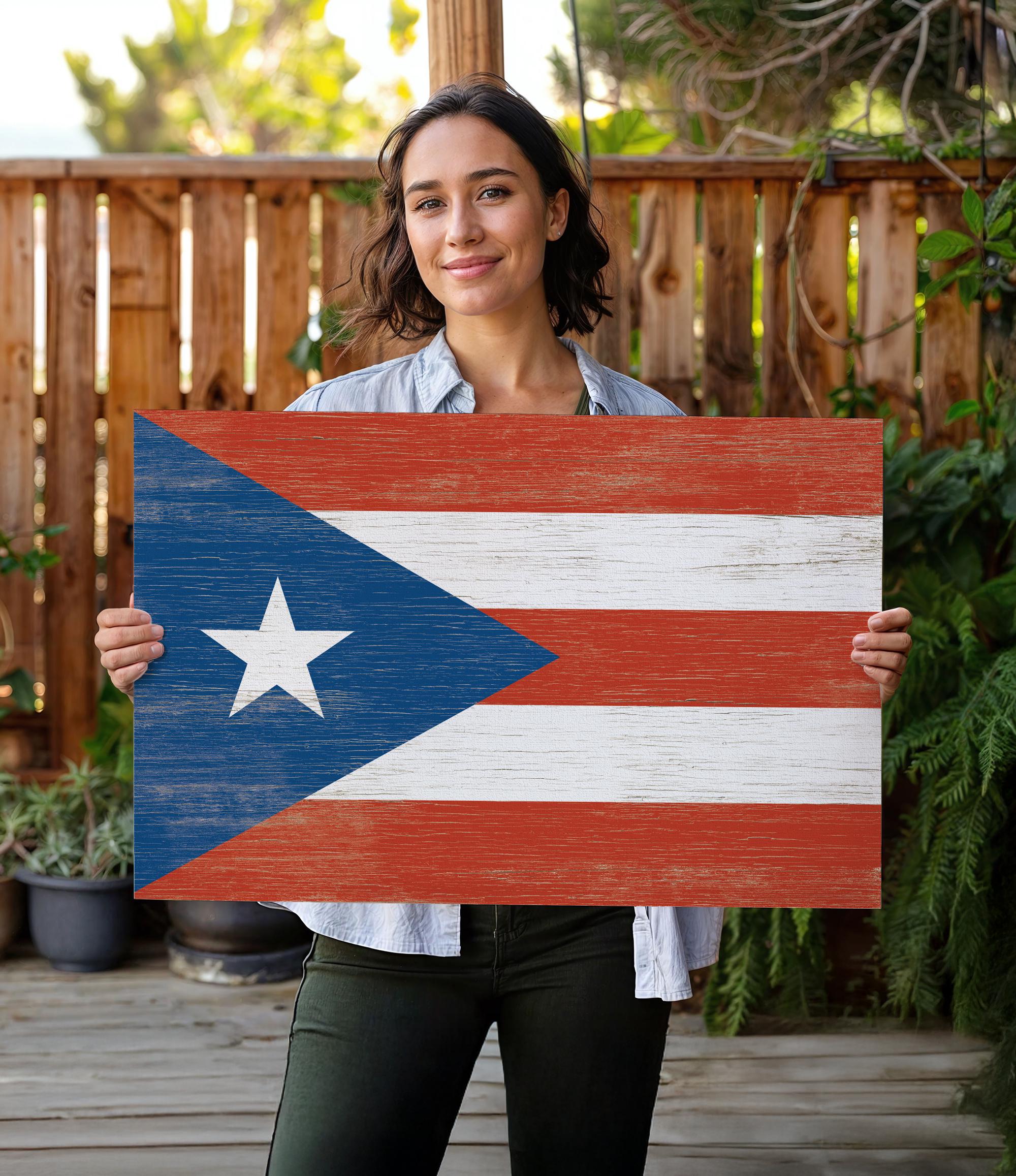 a woman holding a wooden sign with the flag of puerto