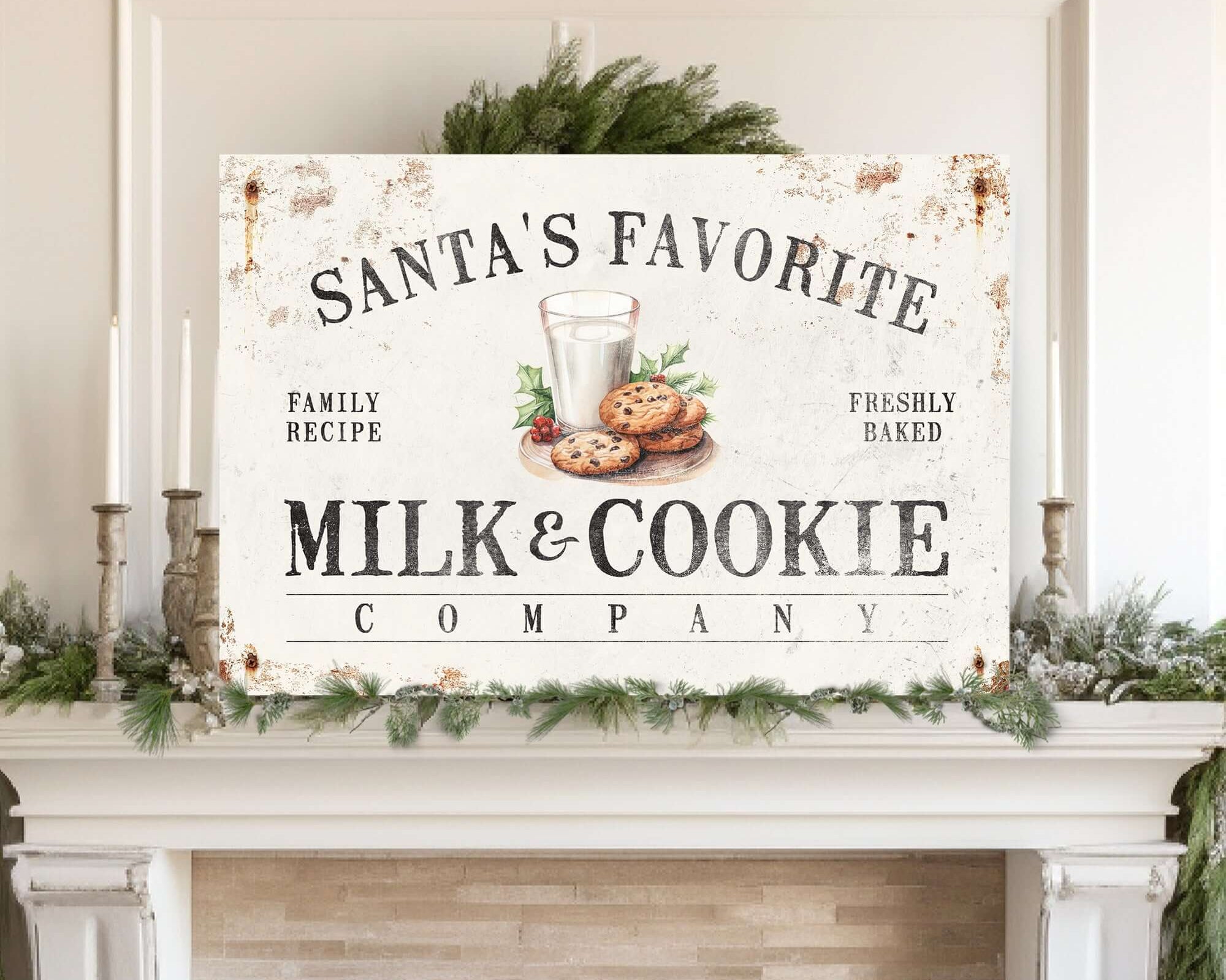 a fireplace with a sign above it that says milk and cookie company
