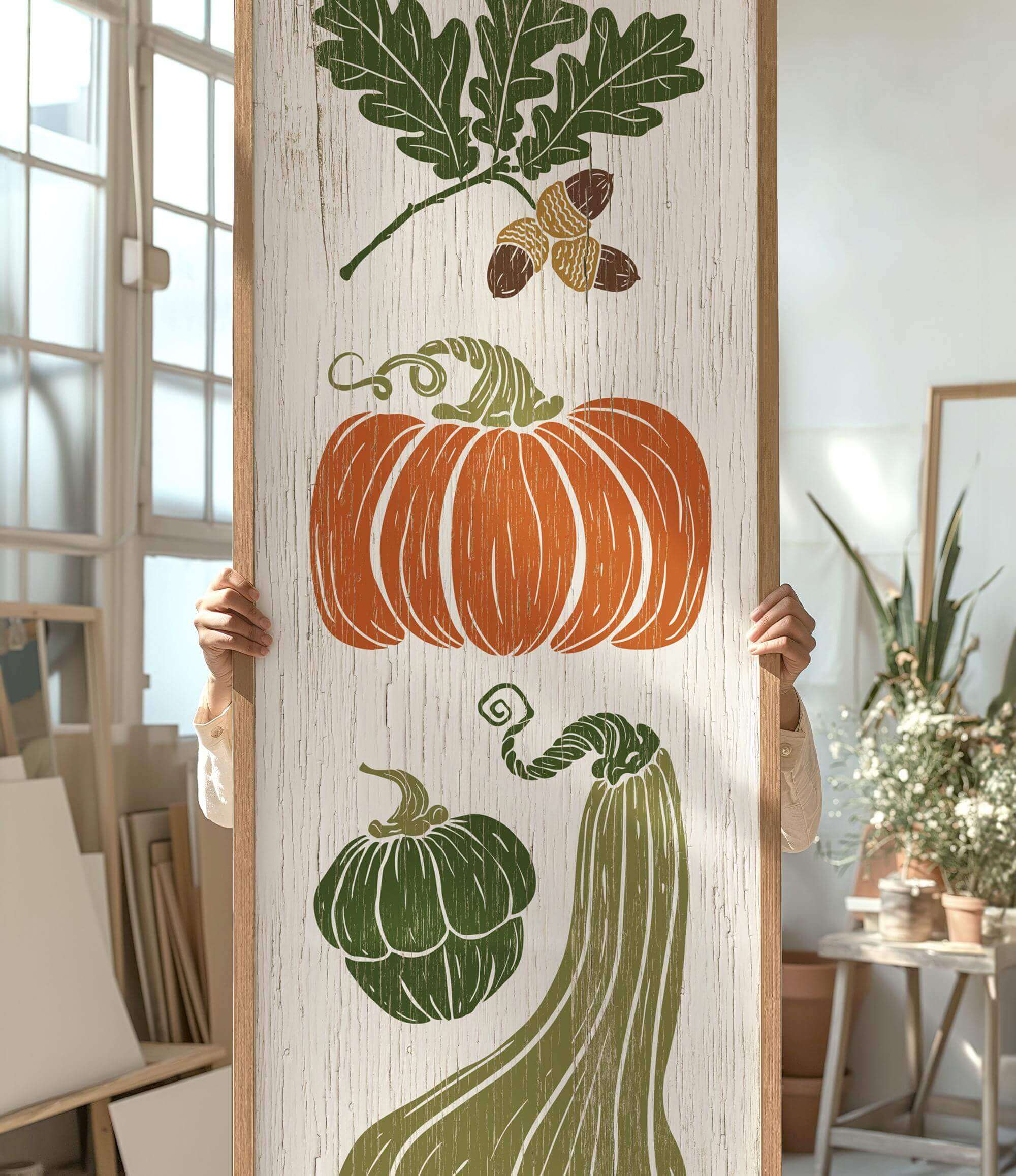 a person holding up a painting of vegetables