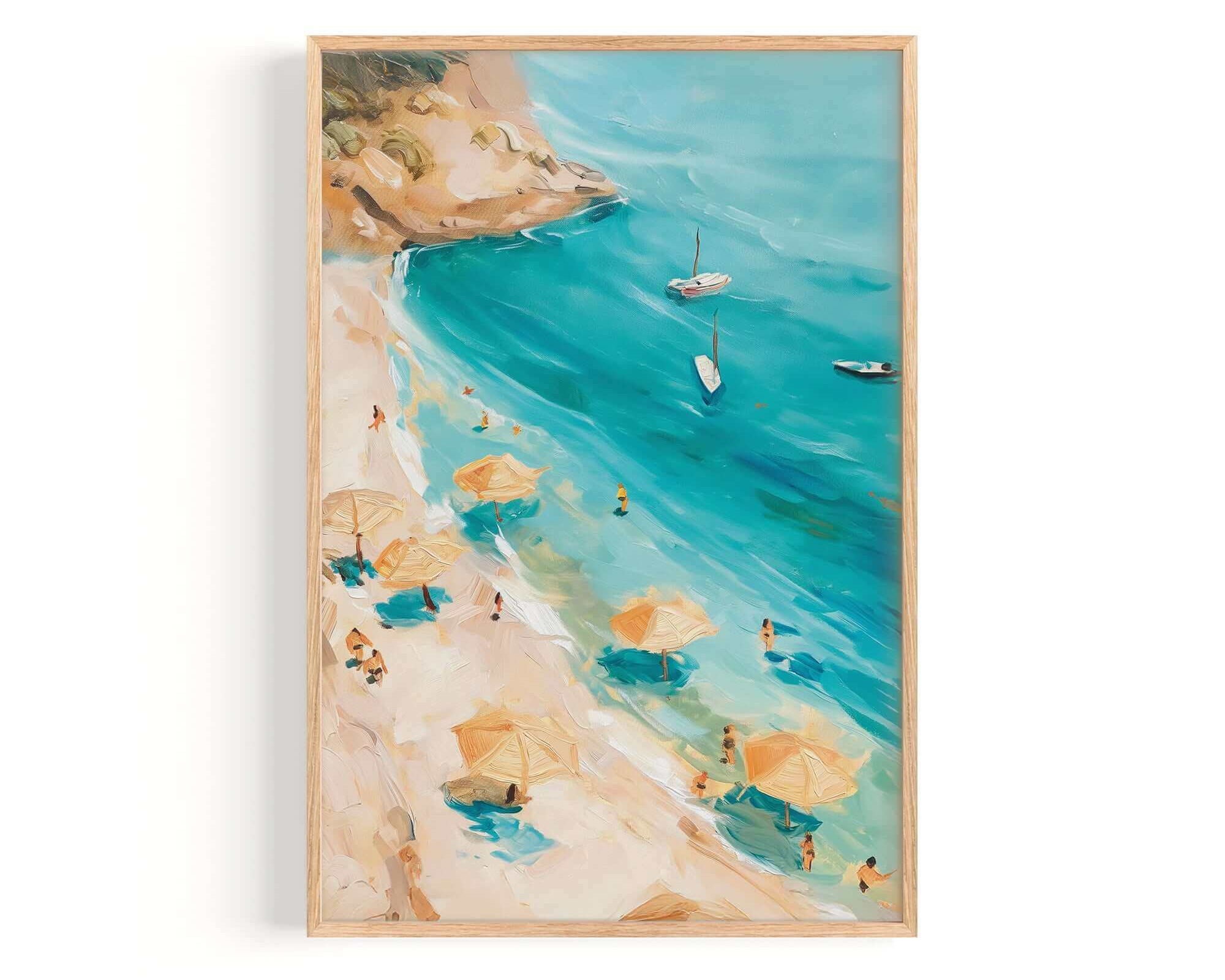 a beach scene with people enjoying the sun and the ocean. There are several umbrellas and people scattered across the beach, some of them sitting and others standing. The water is a beautiful shade of blue, and there are a few boats visible in the distance. The overall scene conveys a sense of relaxation and leisure, with people taking advantage of the sunny day by spending time at the beach.