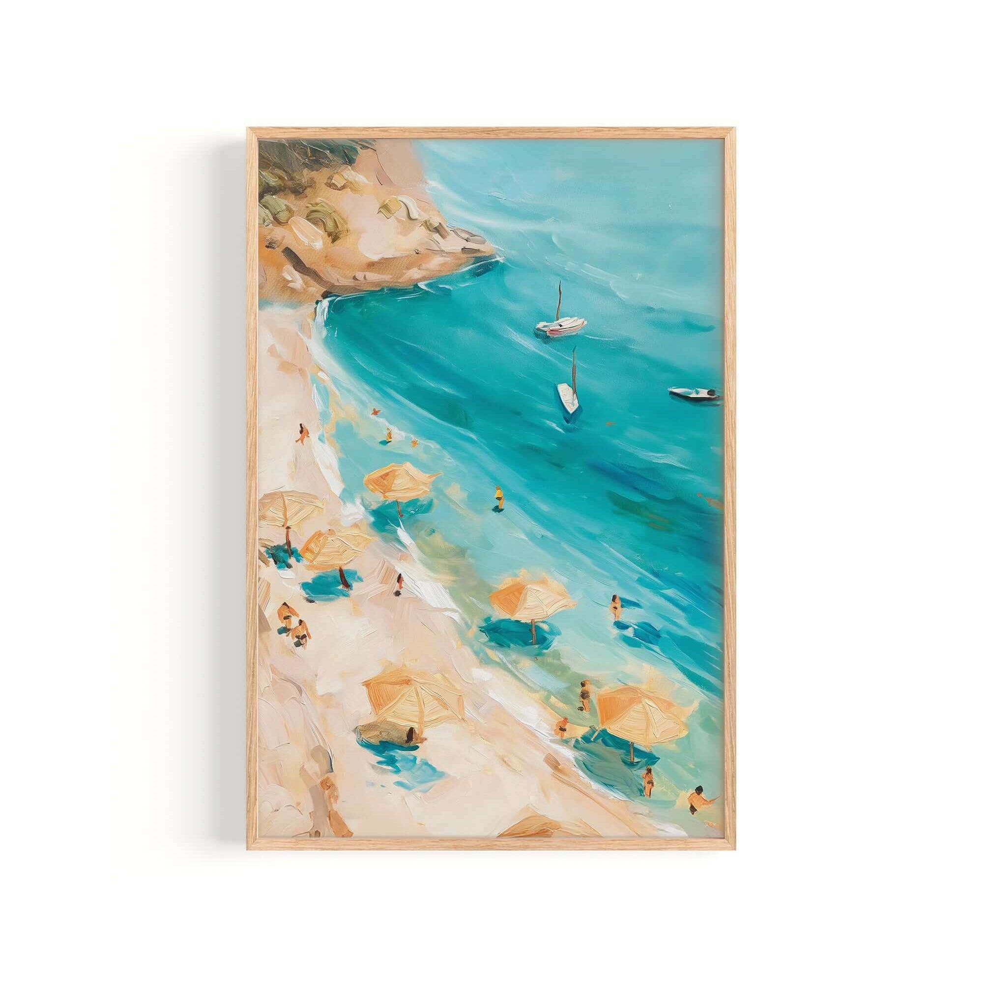 a beach scene with people enjoying the sun and the ocean. There are several umbrellas and people scattered across the beach, some of them sitting and others standing. The water is a beautiful shade of blue, and there are a few boats visible in the distance. The overall scene conveys a sense of relaxation and leisure, with people taking advantage of the sunny day by spending time at the beach.