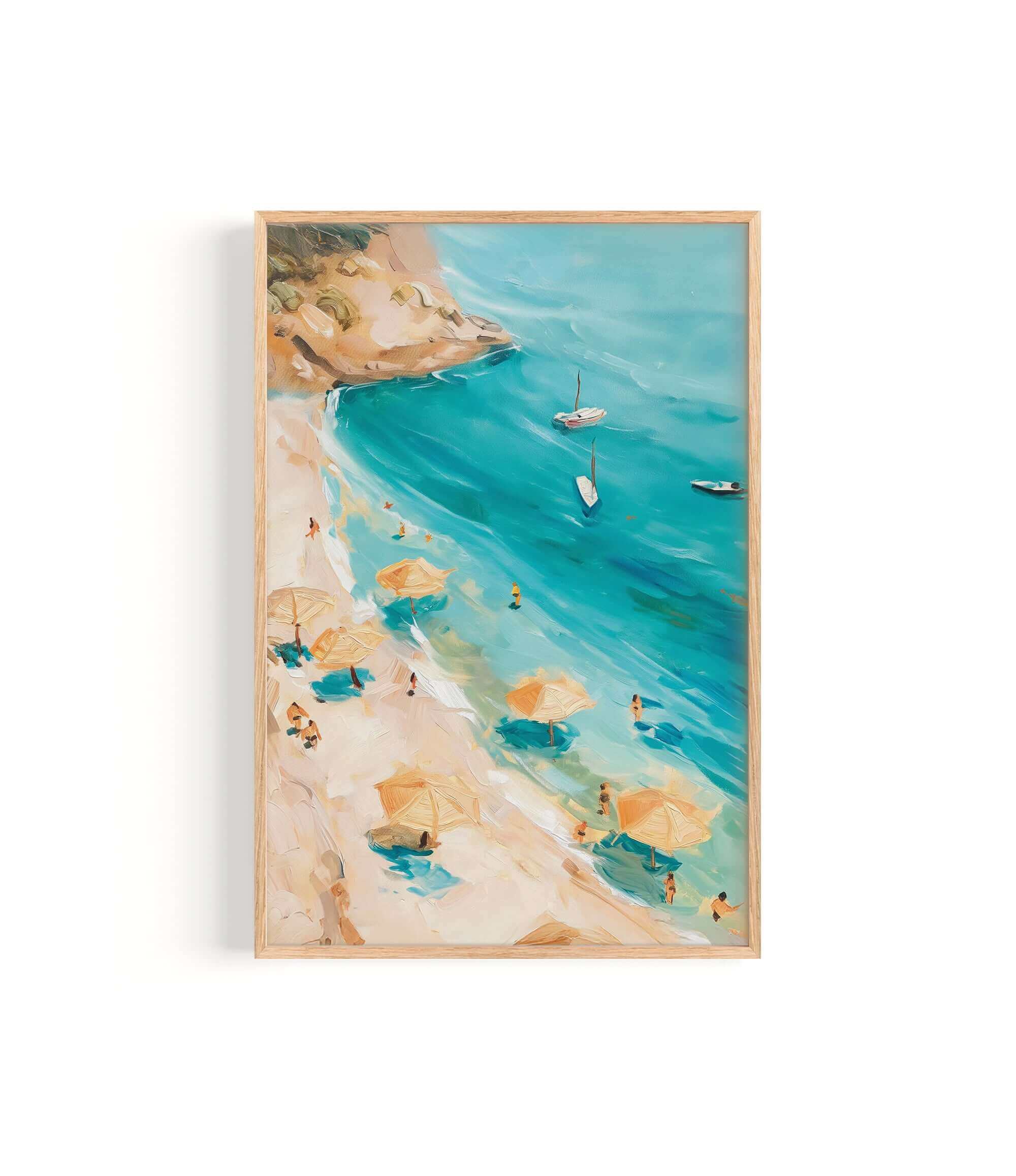 a beach scene with people enjoying the sun and the ocean. There are several umbrellas and people scattered across the beach, some of them sitting and others standing. The water is a beautiful shade of blue, and there are a few boats visible in the distance. The overall scene conveys a sense of relaxation and leisure, with people taking advantage of the sunny day by spending time at the beach.