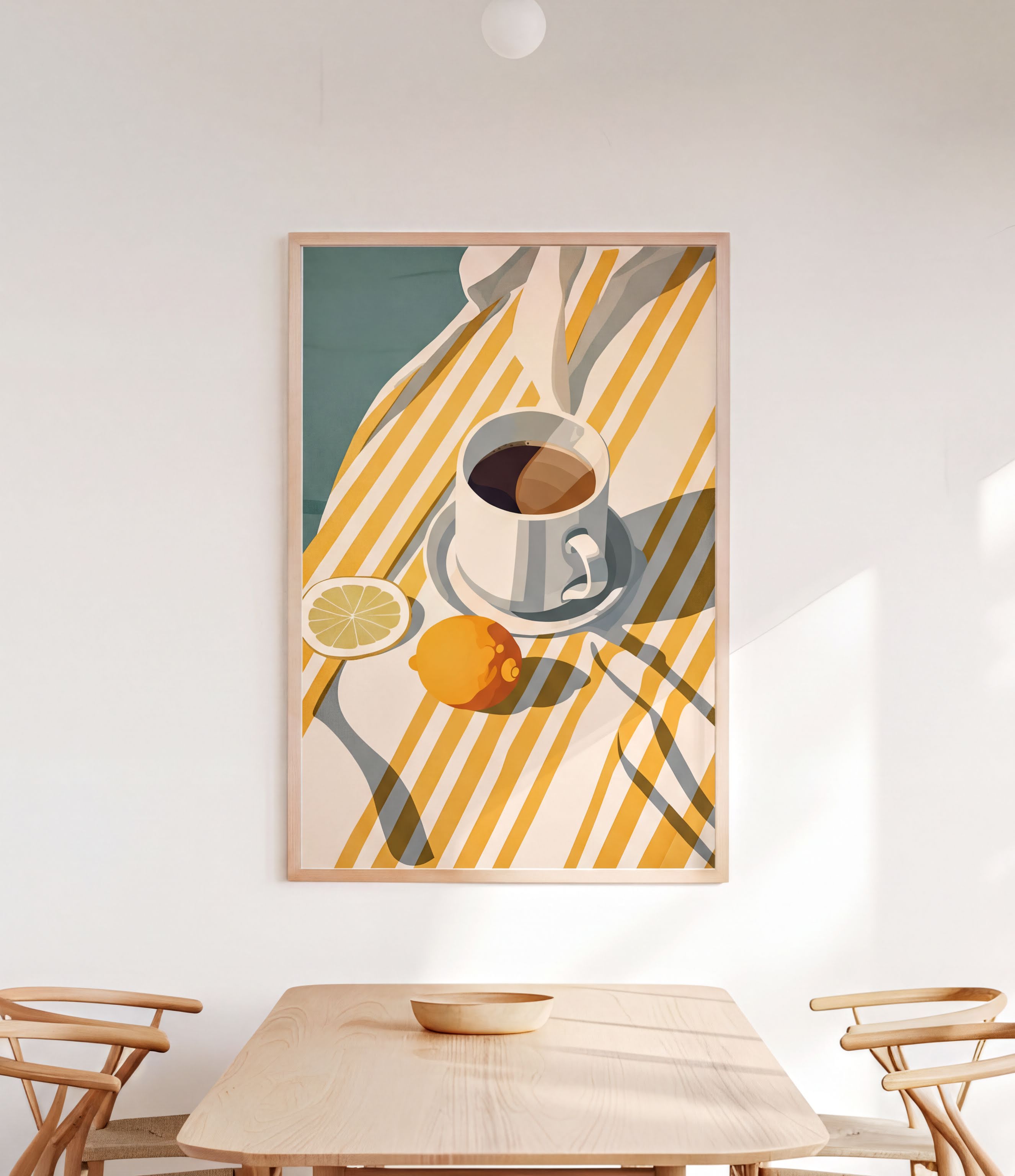 a wooden dining table with a bowl on it, and a framed illustration of a cup of coffee, a lemon slice, and a spoon on the table.