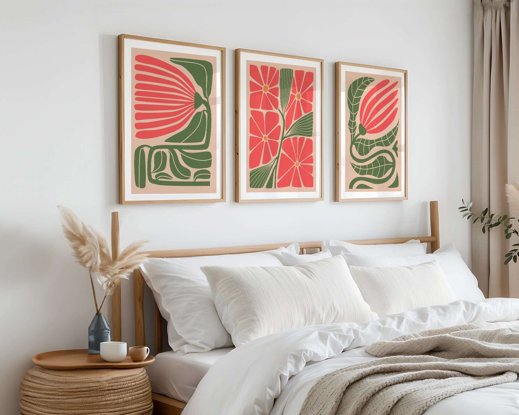 Cozy bedroom with white bedding, earthy decor, and the Flower Blocks Triptych | Set of Three Prints | 015 as colorful floral wall art above the bed for a perfect home decor touch.
