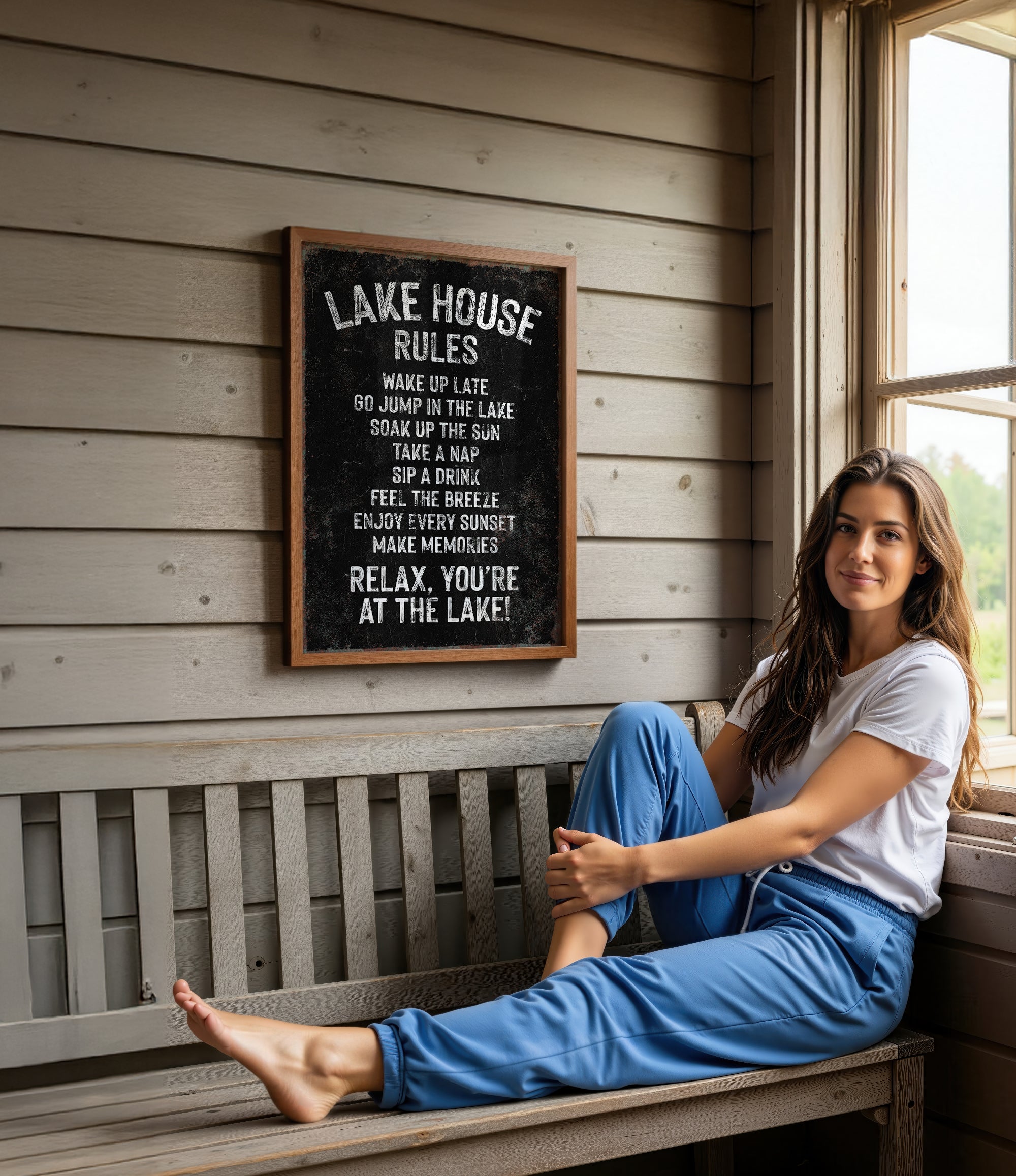 A woman is sitting on a bench in front of a sign that provides rules for the lake house.