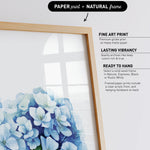 a close-up of a beautiful blue hydrangea flower, with a wooden frame surrounding it. The image is described as a "Paper print + Natural frame" and is described as "Fine Art Print".