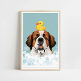 A framed illustration of a Saint Bernard dog with a yellow rubber duck perched on its head, surrounded by bubbles.