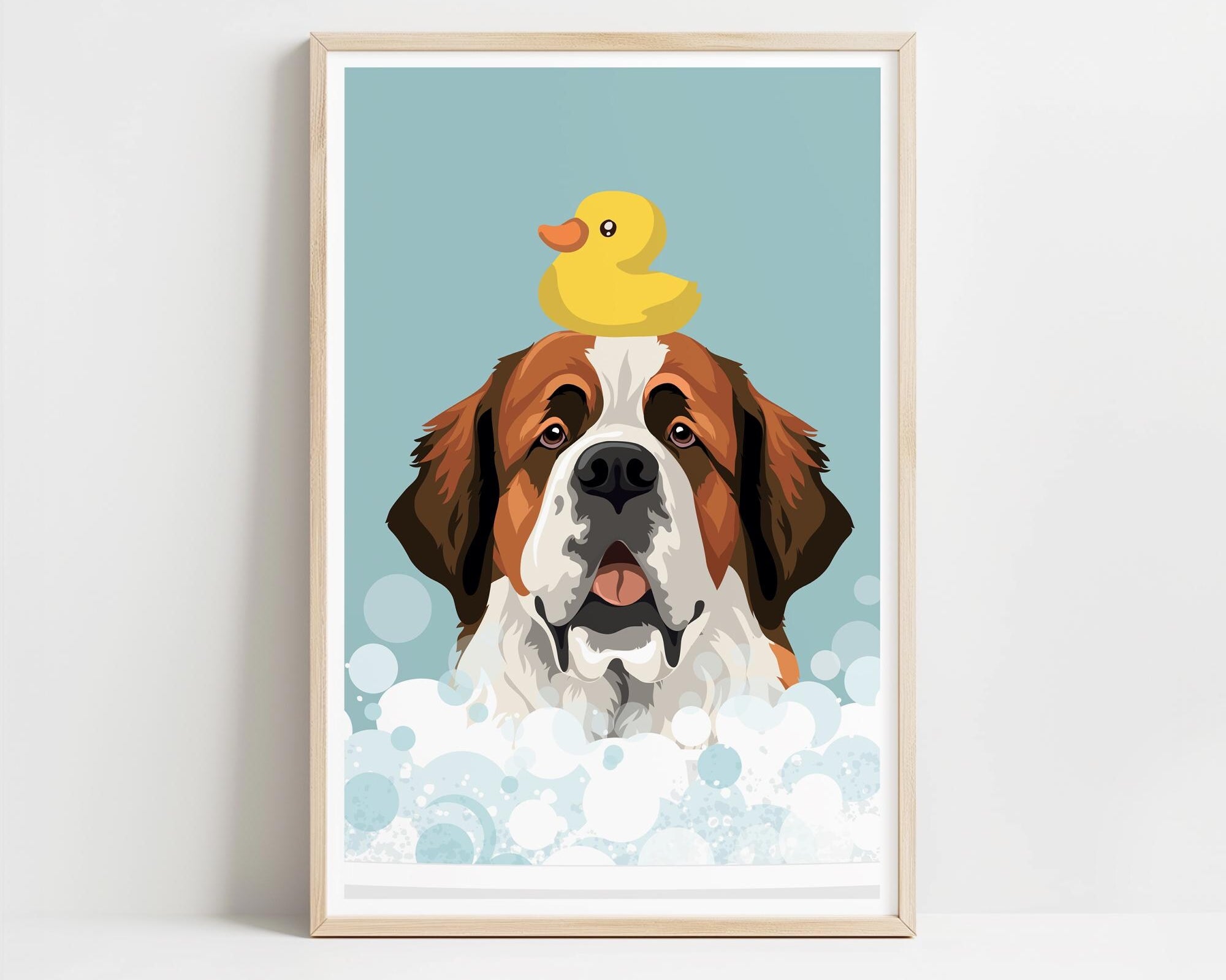 A framed illustration of a Saint Bernard dog with a yellow rubber duck perched on its head, surrounded by bubbles.
