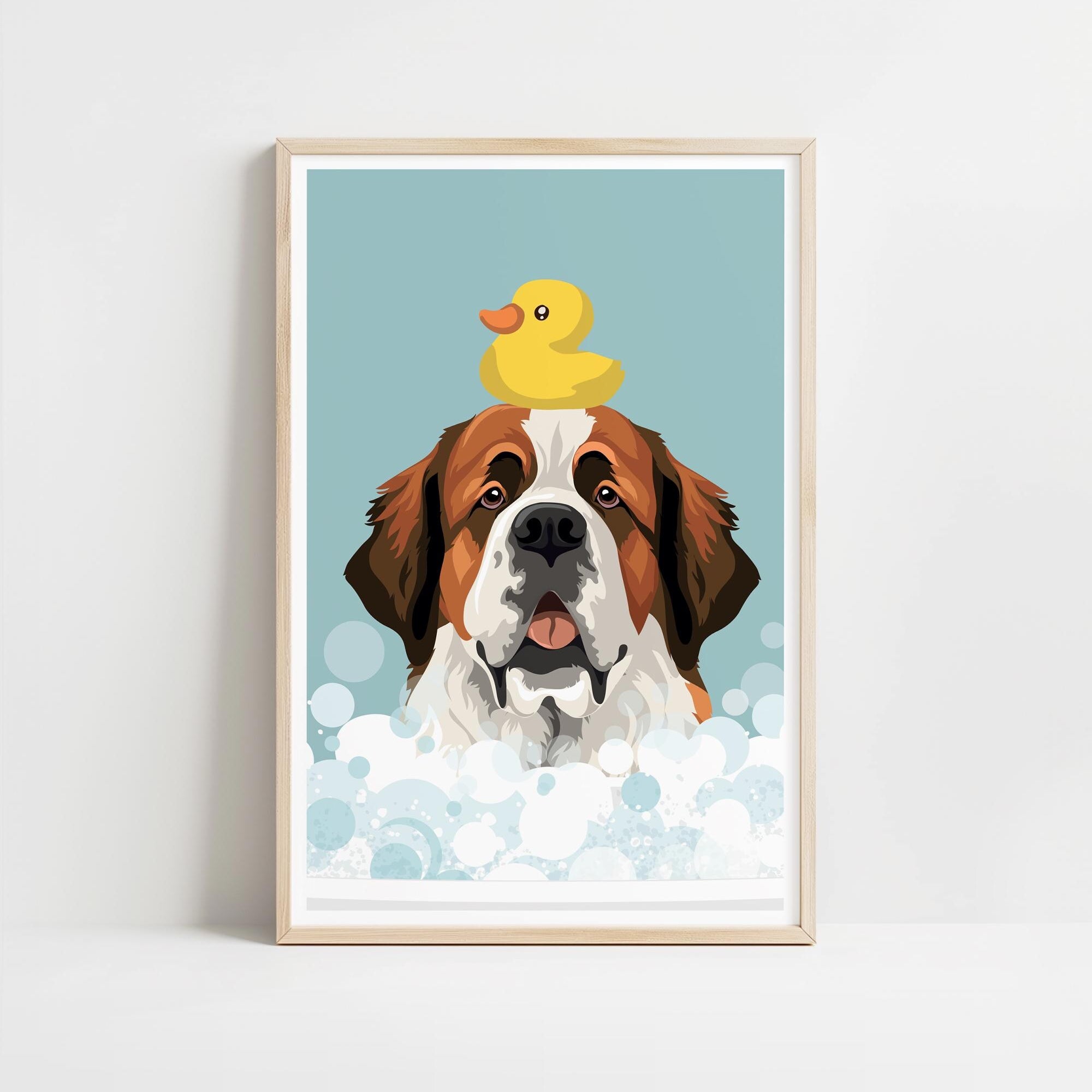 A framed illustration of a Saint Bernard dog with a yellow rubber duck perched on its head, surrounded by bubbles.