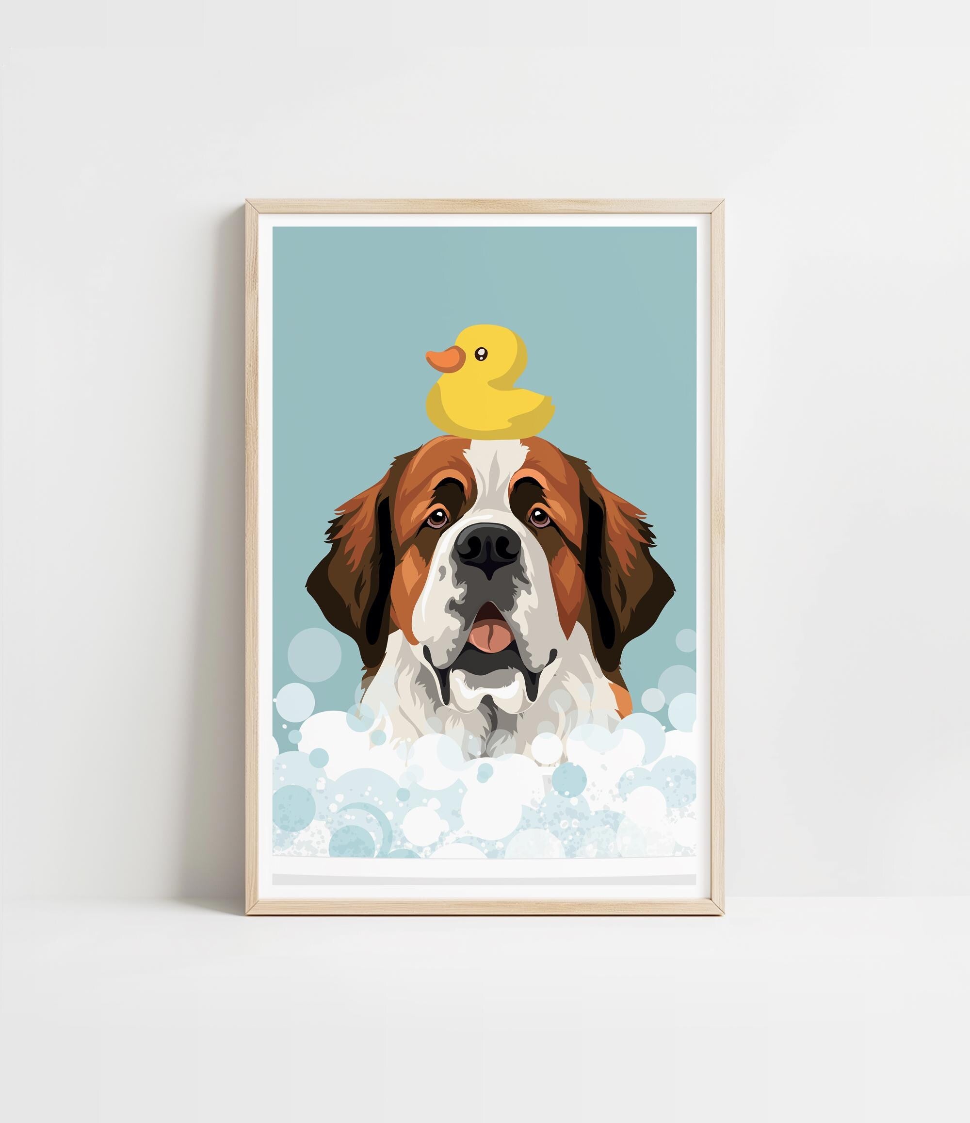 A framed illustration of a Saint Bernard dog with a yellow rubber duck perched on its head, surrounded by bubbles.