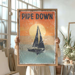 a woman holding up a poster with a sailboat on it