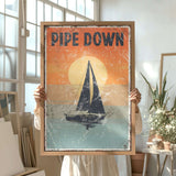 a woman holding up a poster with a sailboat on it