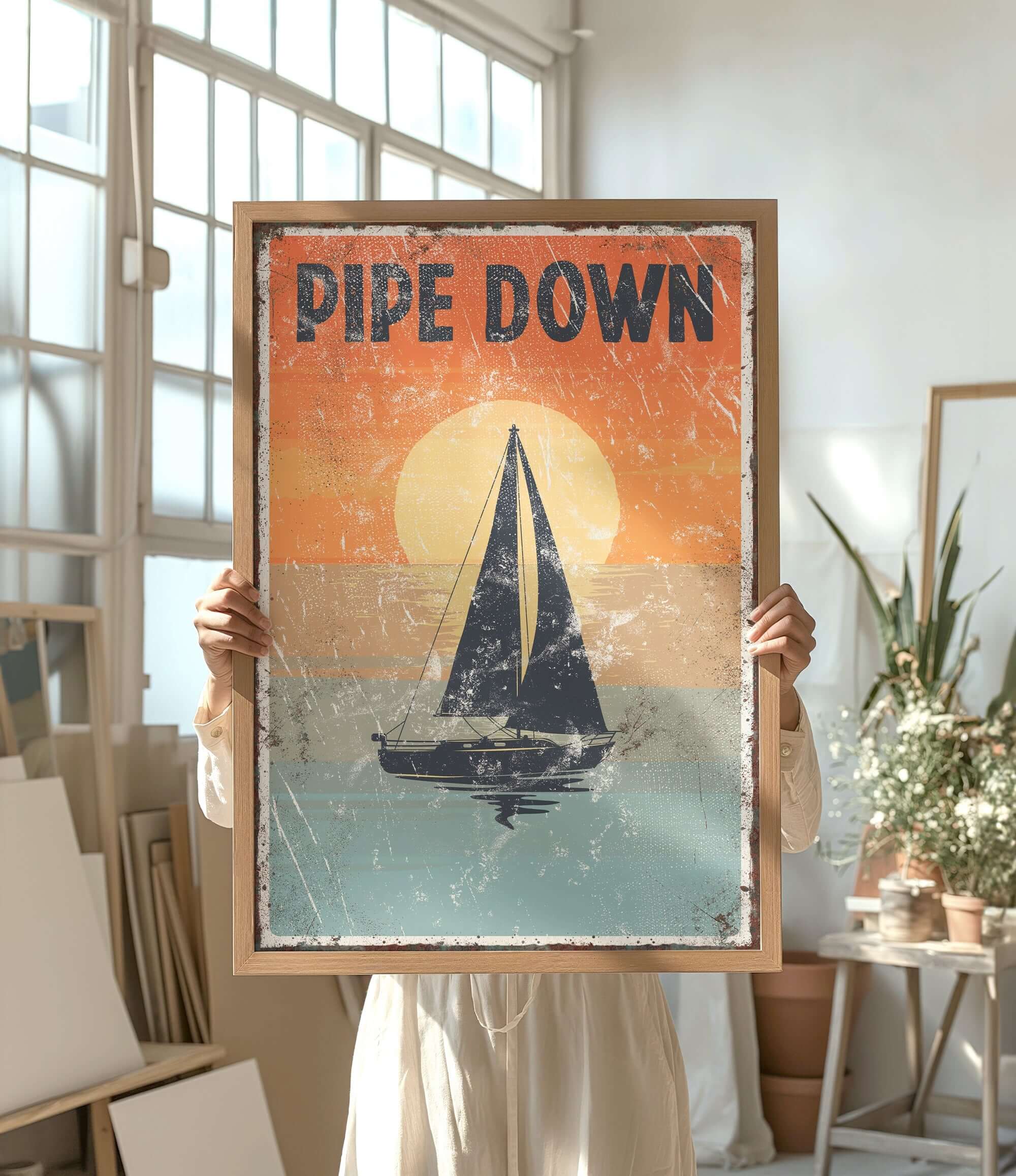 a woman holding up a poster with a sailboat on it