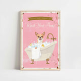 A framed poster with a cartoon image of a dog sitting in a bathtub filled with bubbles, accompanied by the text "Please don't forget to wash your paws".