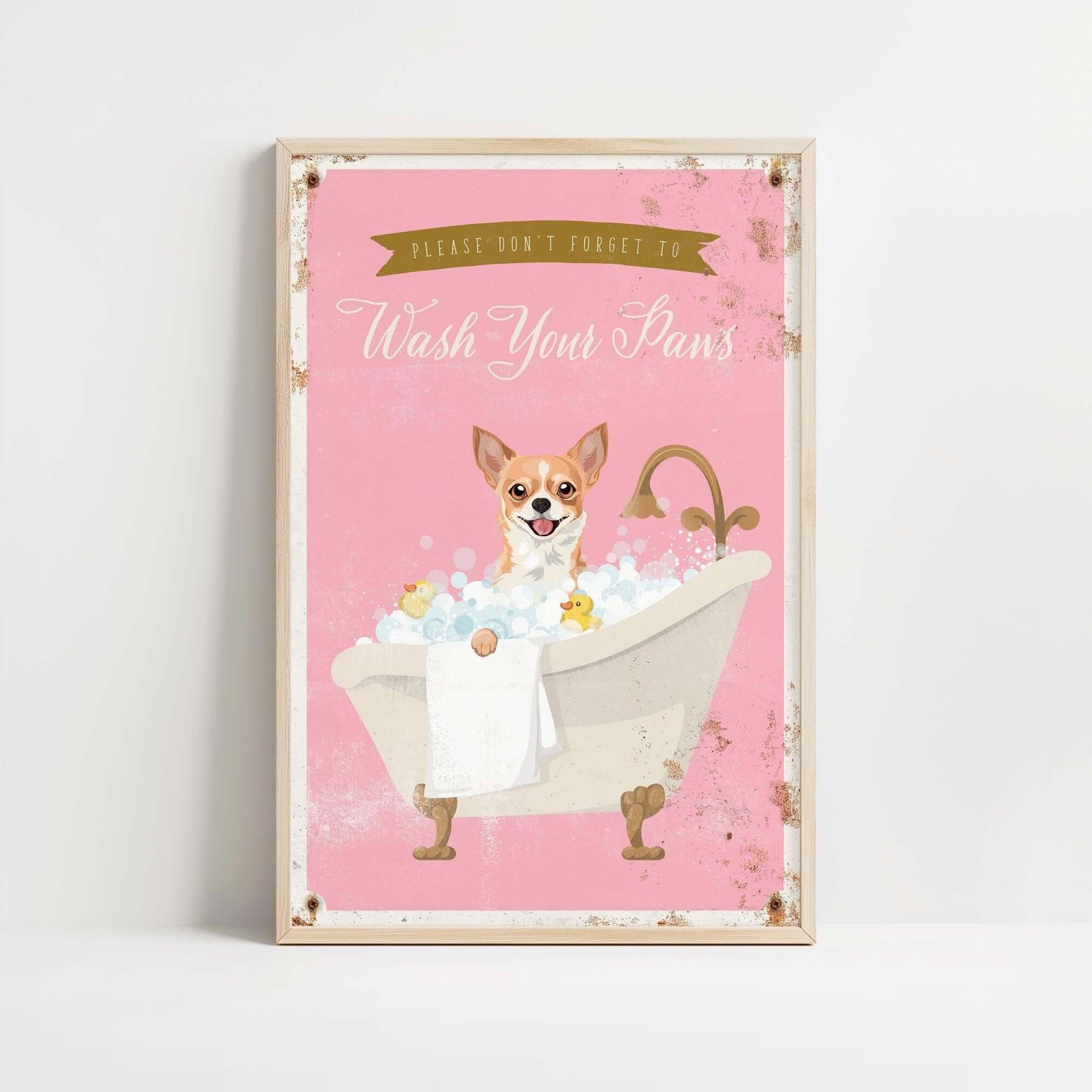 A framed poster with a cartoon image of a dog sitting in a bathtub filled with bubbles, accompanied by the text "Please don't forget to wash your paws".