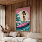 a woman standing on a surfboard in a serene, tropical setting, with a pink and blue sunset in the background.