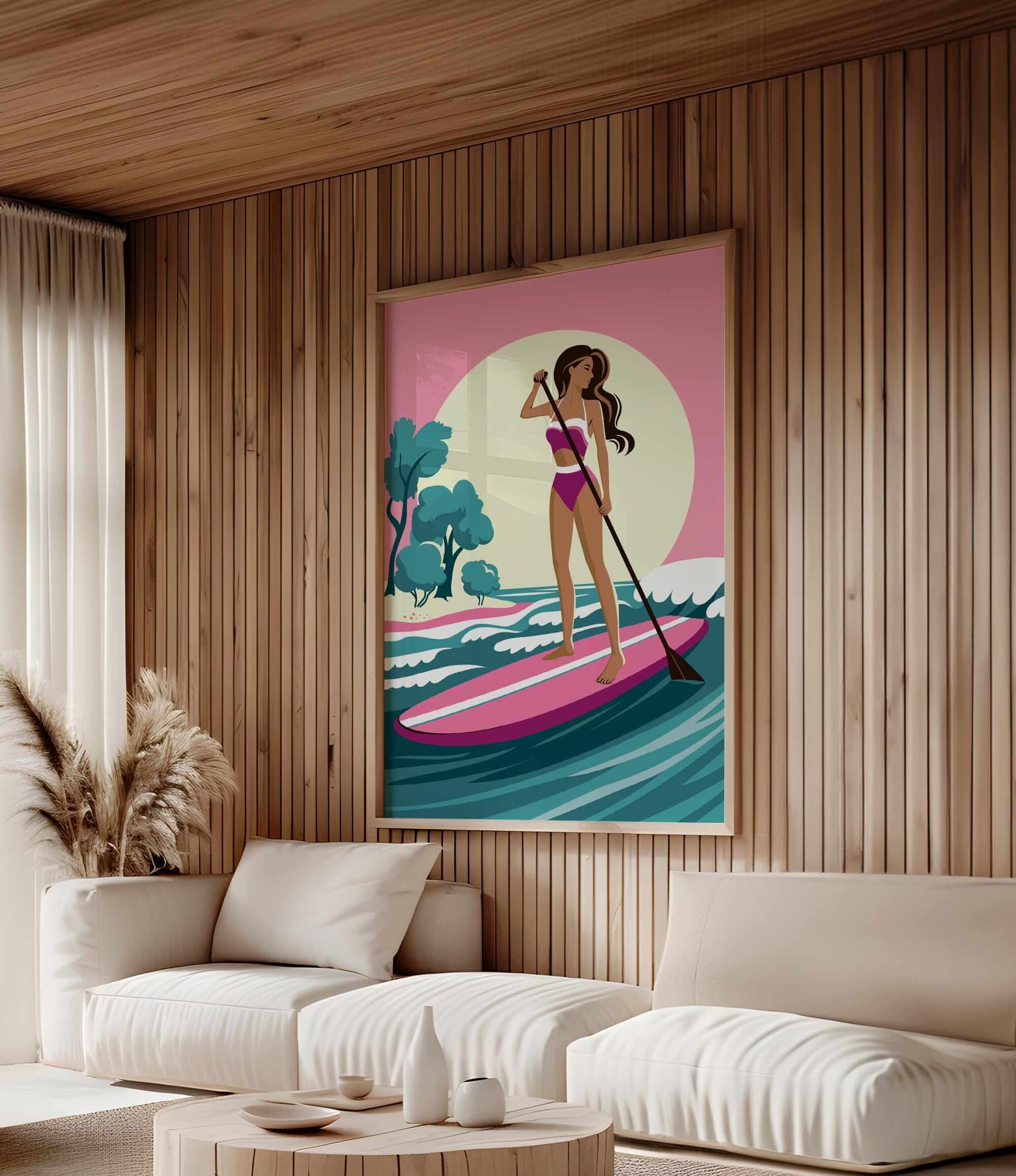 a woman standing on a surfboard in a serene, tropical setting, with a pink and blue sunset in the background.