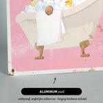The image is an illustration of a bathtub filled with bubbles, featuring a rubber duck and a towel.