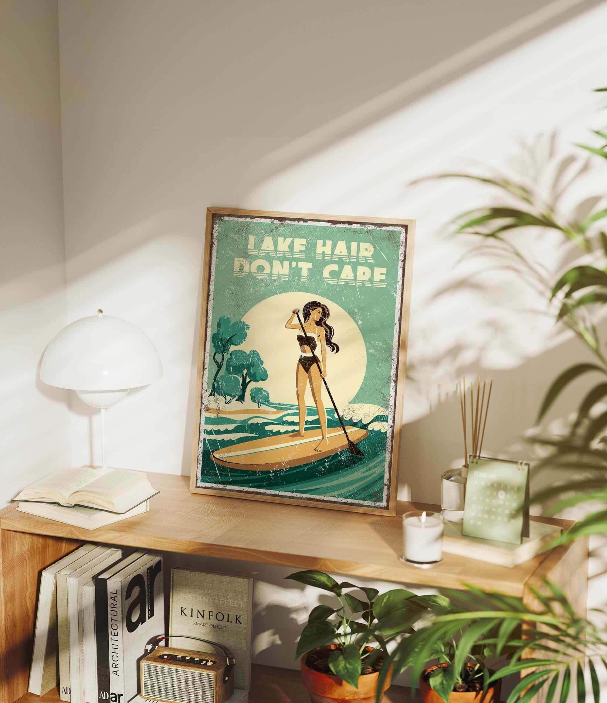 a framed poster of a woman paddleboarding on a lake, with the text "LAKESHAIR DON'T CARE" displayed prominently. The poster is placed on a wooden shelf, surrounded by various items such as books, plants, and a lamp.