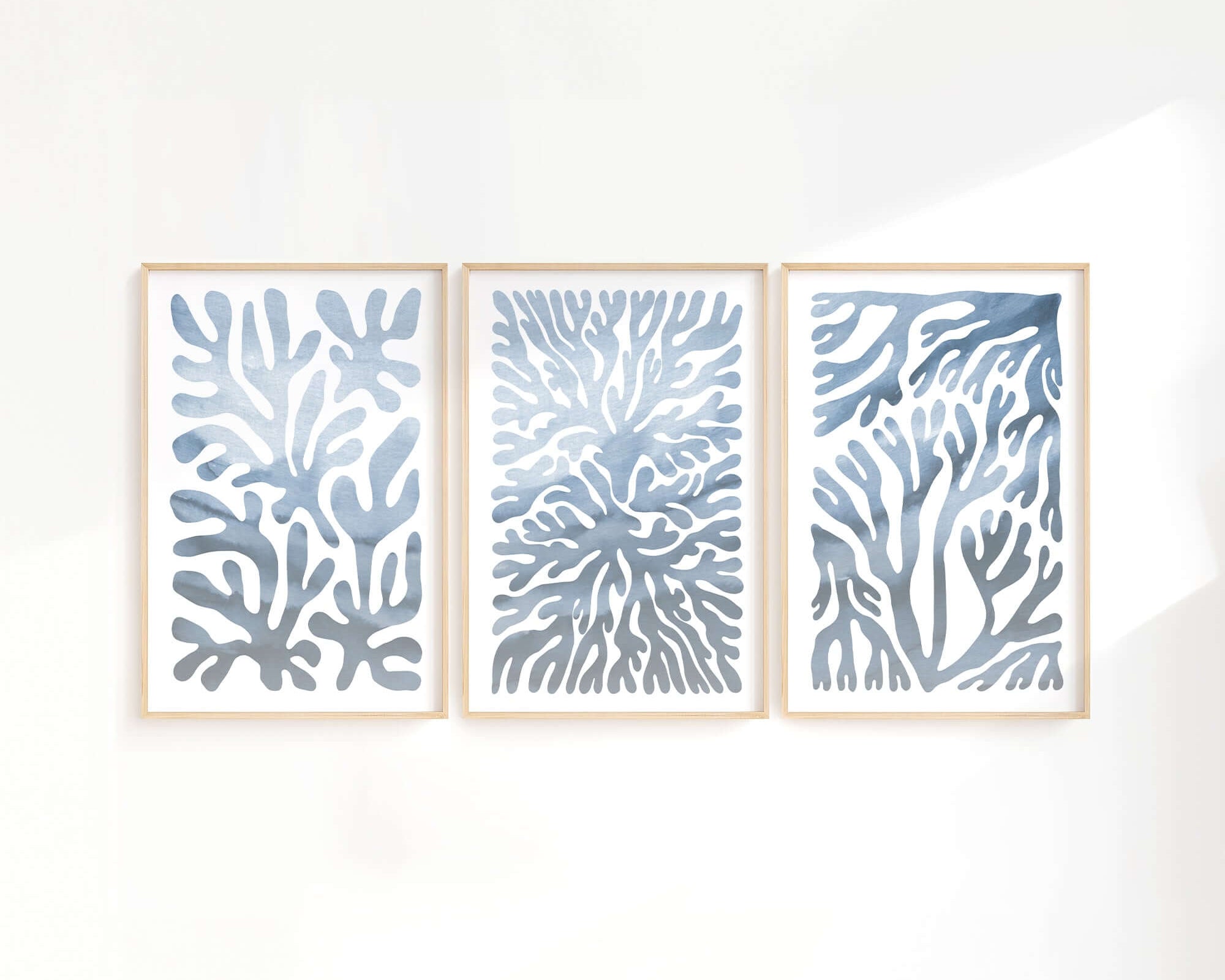 The Ocean Blocks Triptych | Set of Three Prints | 323 features abstract blue watercolor art with coral-inspired shapes, perfect as framed wall decor to enhance any room.