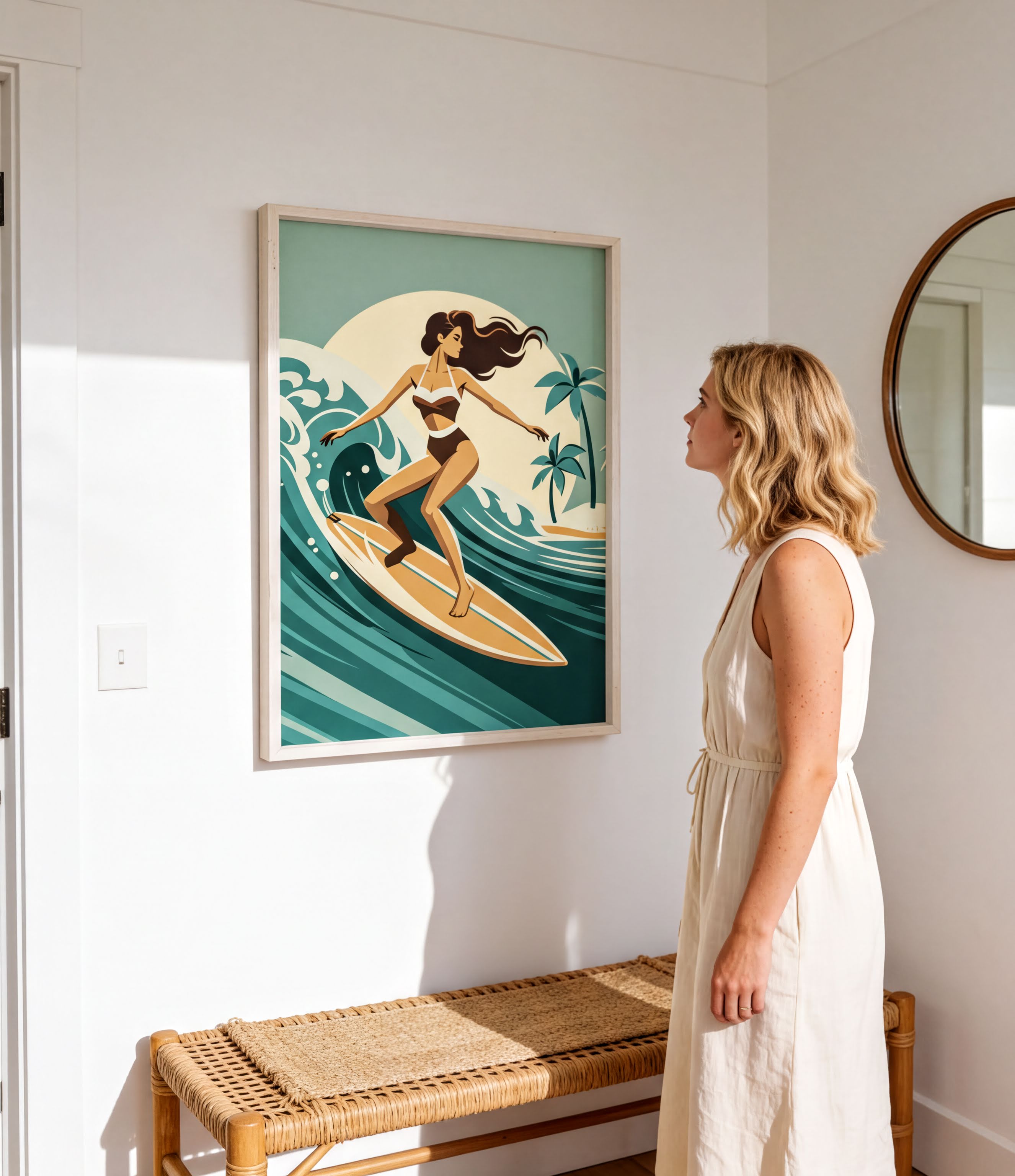 A woman in a white dress stands in a room, looking at a framed illustration of a woman surfing on a wave.