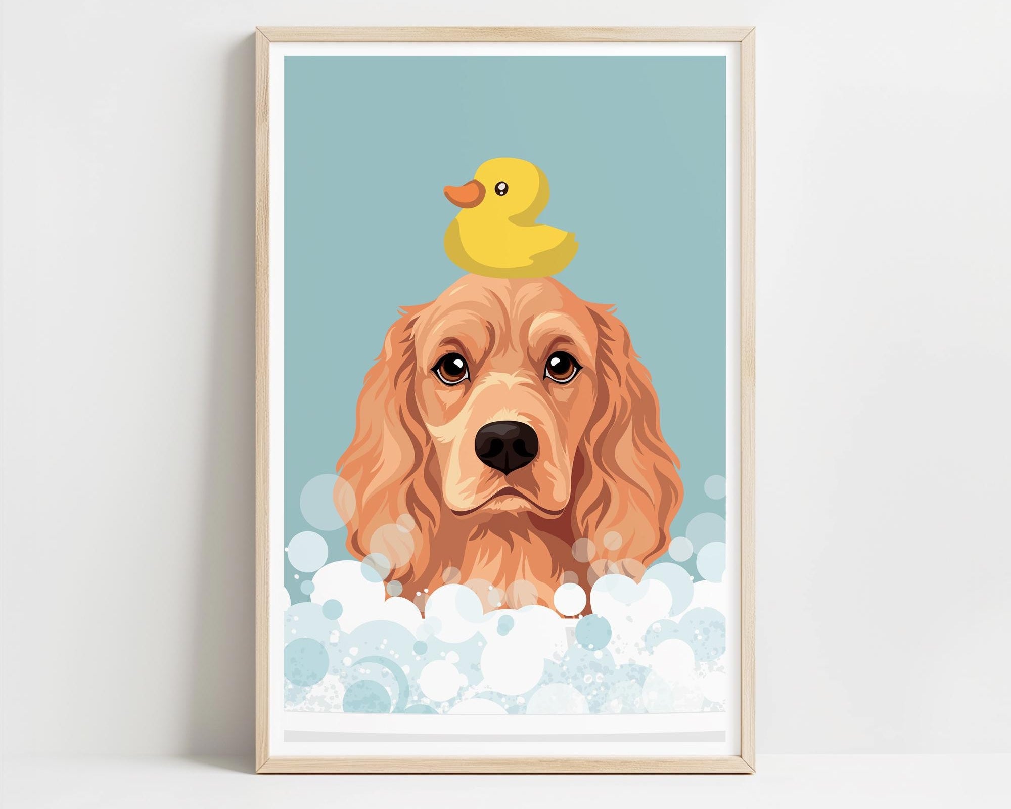 A framed illustration of a dog with a yellow rubber duck on its head, surrounded by bubbles.