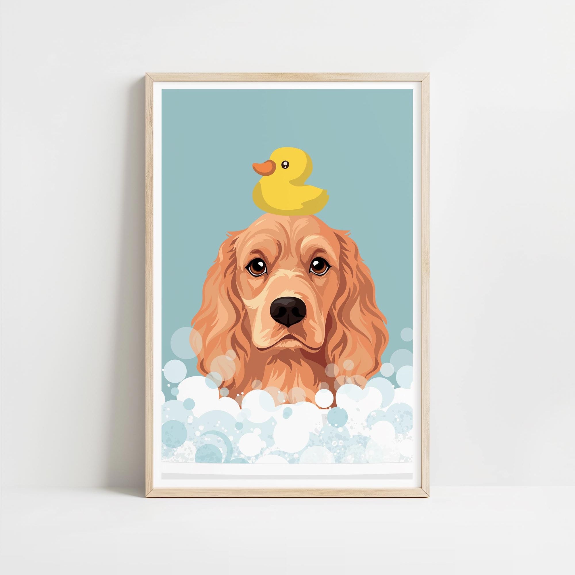 A framed illustration of a dog with a yellow rubber duck on its head, surrounded by bubbles.