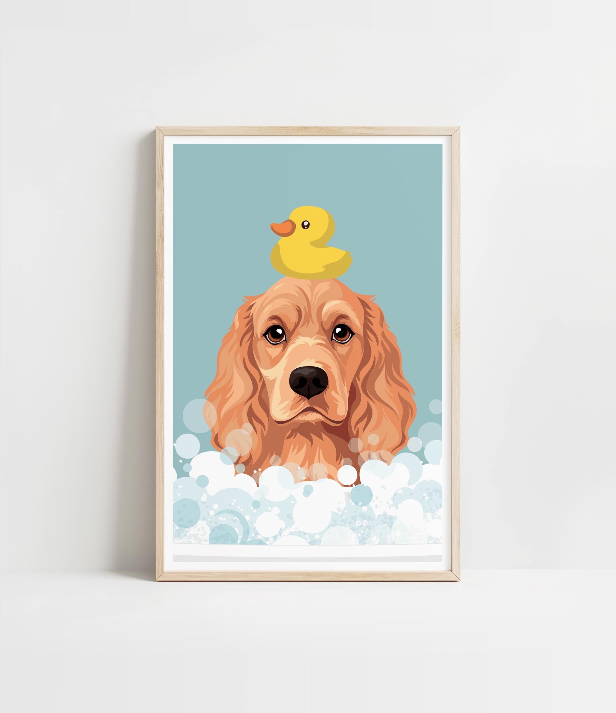 A framed illustration of a dog with a yellow rubber duck on its head, surrounded by bubbles.