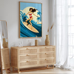 a wooden dresser with drawers, a mirror, a vase, and a framed illustration of a woman surfing on a wave.