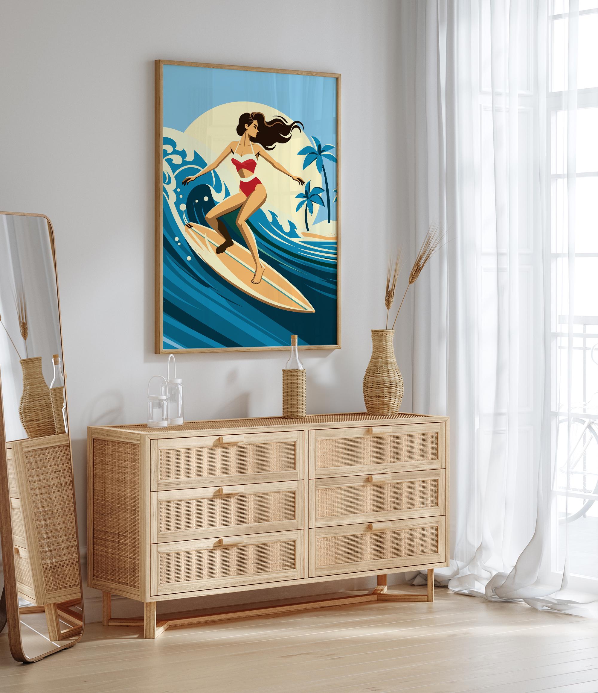 a wooden dresser with drawers, a mirror, a vase, and a framed illustration of a woman surfing on a wave.