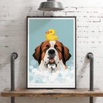 A framed illustration of a dog with a yellow rubber duck on its head, set against a blue background with white bubbles.