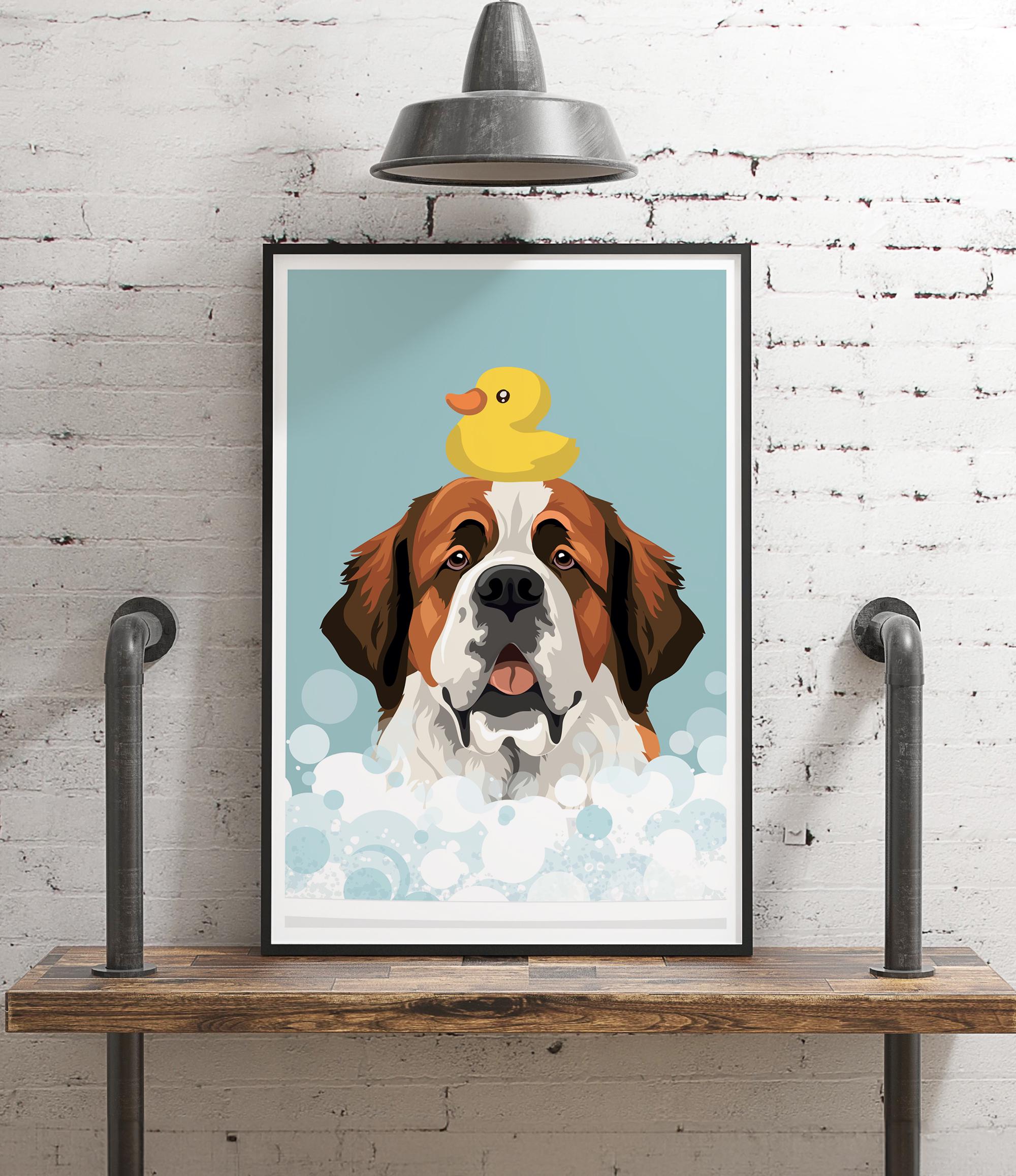 A framed illustration of a dog with a yellow rubber duck on its head, set against a blue background with white bubbles.