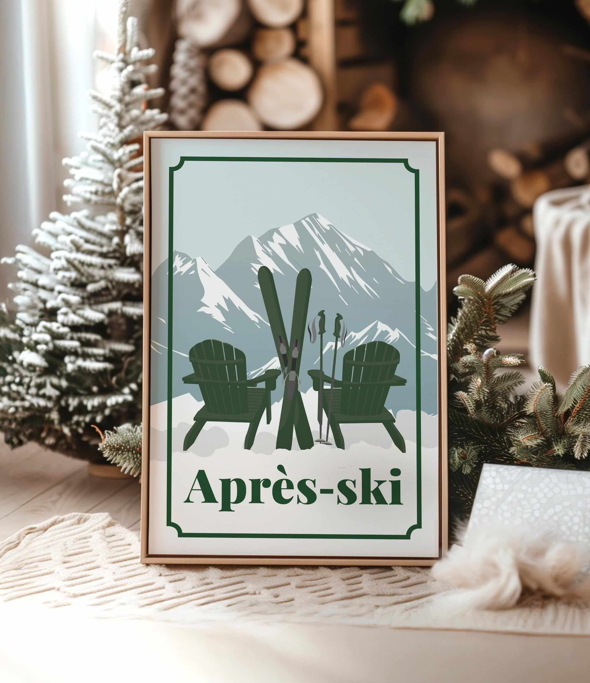 A framed print with a winter scene featuring two green Adirondack chairs and skis, set against a snowy mountain backdrop.