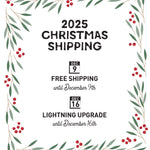 The image is a Christmas shipping advertisement with a festive border of red berries and green leaves. It announces free shipping until December 9th and a lightning upgrade until December 16th.