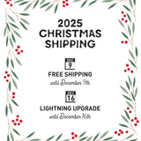 The image is a Christmas shipping timeline with a festive border of red berries and green leaves. It announces free shipping until December 9th and a lightning upgrade available until December 16th.