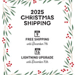 The image is a Christmas shipping timeline with a festive border of red berries and green leaves. It announces free shipping until December 9th and a lightning upgrade available until December 16th.