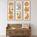 a wooden bench with a bunch of pumpkins on it