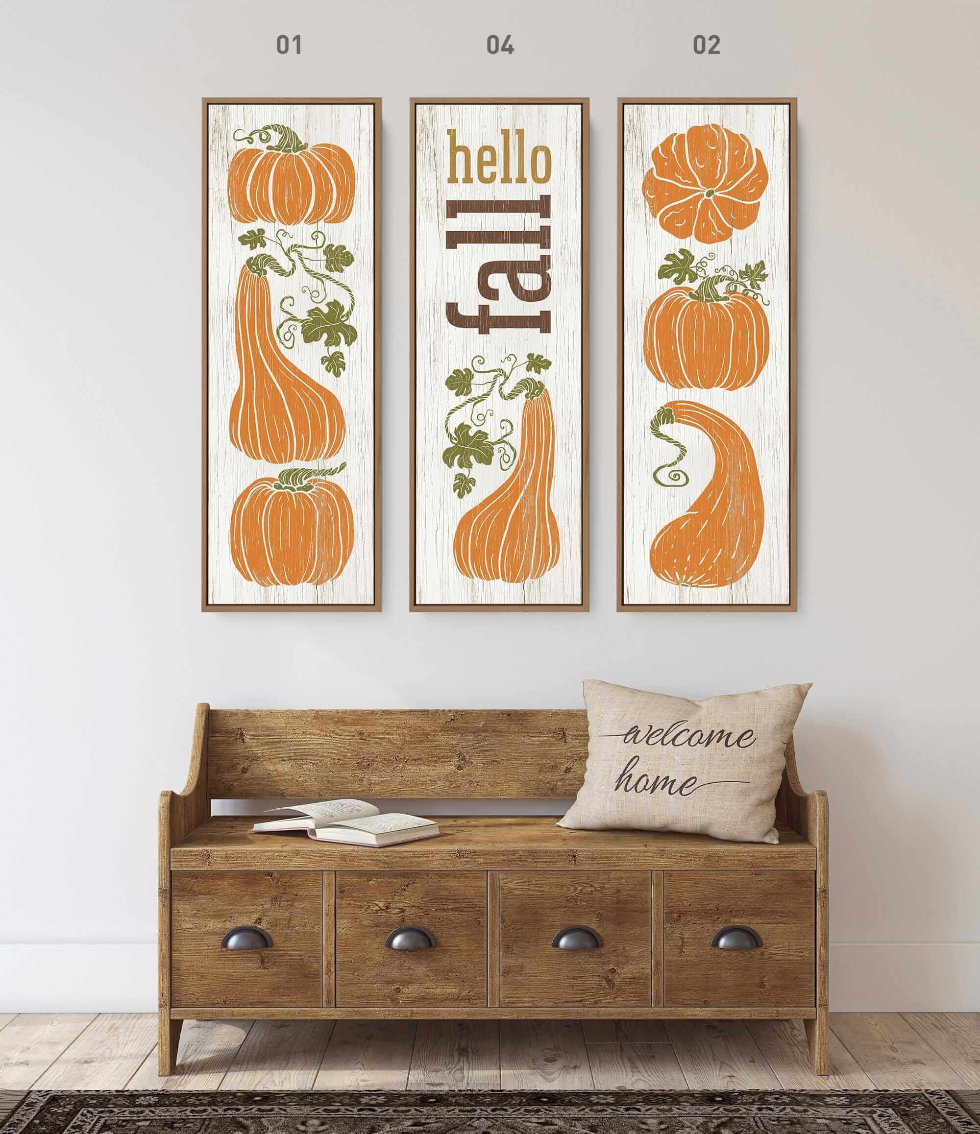 a wooden bench with a bunch of pumpkins on it