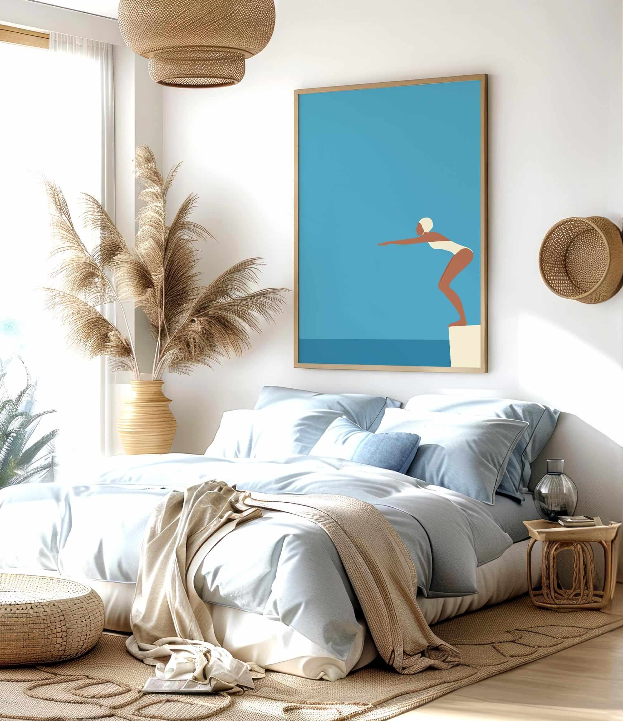 a serene and modern bedroom with a large bed, a potted plant, and a framed artwork of a woman diving into the water.